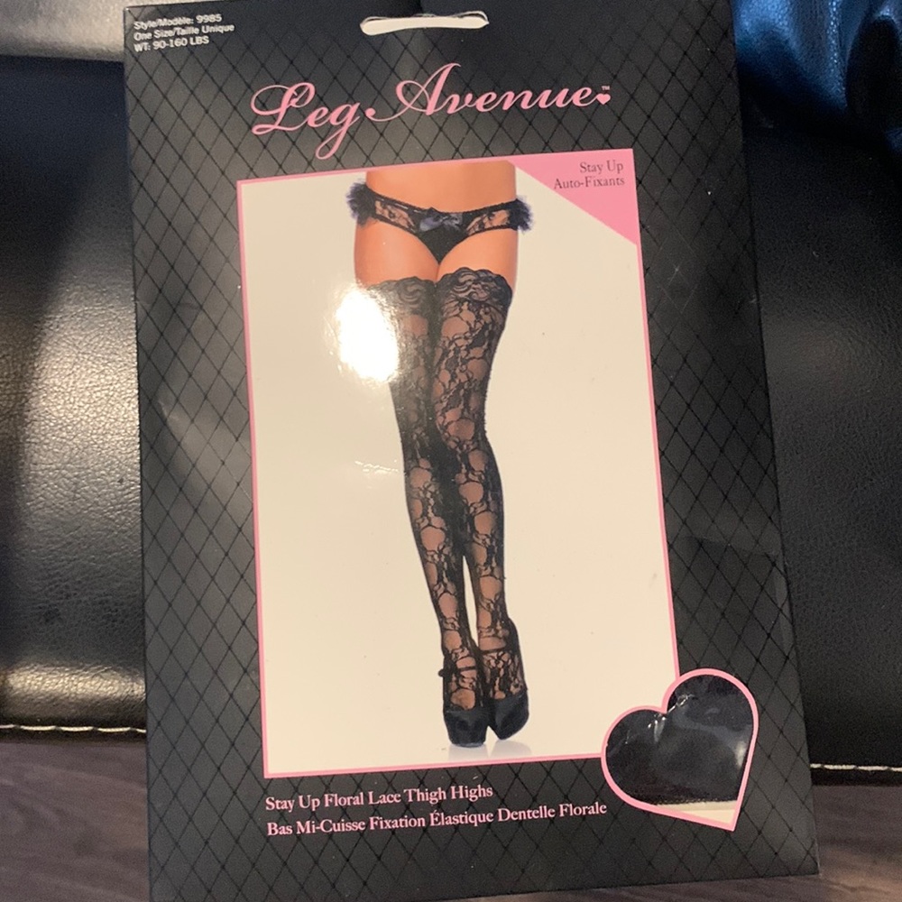 Leg Avenue black lace stay up thigh hi one size NWT original packaging